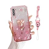 for Samsung Galaxy Note 10 Case TPU Luxury Crystal Butterfly Heart Floral for Women Magnetic Shockproof with Ring Kickstand [Glitter Card & Wrist Strap] Protection Cover for Note 10 (Glitter Rose)