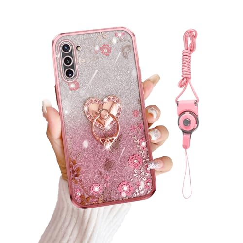 for Samsung Galaxy Note 10 Case TPU Luxury Crystal Butterfly Heart Floral for Women Magnetic Shockproof with Ring Kickstand [Glitter Card & Wrist Strap] Protection Cover for Note 10 (Glitter Rose)