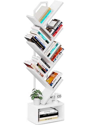 Coleshome Libreria ad Albero, Scaffale a 6 Ripiani con Divisori, Scaffale Legno Adatto per Soggiorni e Camere da Letto, Bianco