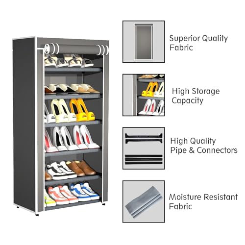 Image of YouCopia Shoe Rack for Home Non Woven Fabric - DIY Multipurpose Shoe Rack Organizer, 6-Layer Shoe Rack for Home -Shelf with Dustproof Door Entryway for Heels /Slippers /Boots (Grey, 6-Layer)