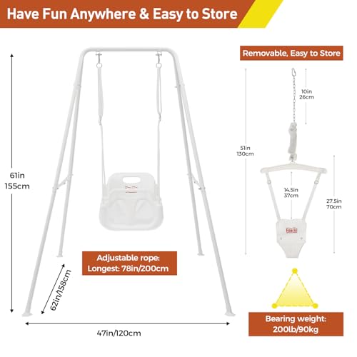 Image of FUNLIO 2 in 1 Swing Set for Toddler & Baby Jumper, Heavy Duty Kids Swing & Bouncer with 4 Sandbags, Foldable Metal Stand for Indoor /Outdoor Play, Easy to Assemble and Store - White