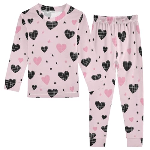 Fustylead Cute Pink and Black Heart with Grid Design Pajamas Cotton Sleepover PJ Set Long Sleeve Lounge Wear