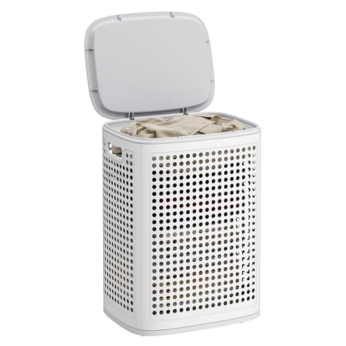 SONGMICS Laundry Basket with Lid Plastic Laundry Hamper 19.8 Gallons (75 L) Slim Storage Basket for Bathroom Bedroom White and Grey RLH021WG01
