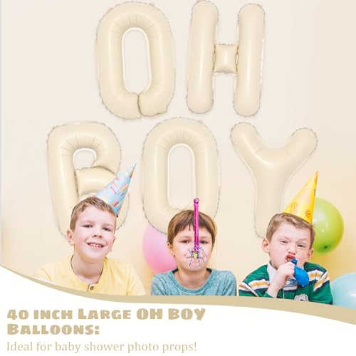 Image of 40inch OH BOY Balloons - Jumbo Cream White Sand Oh Baby Boy Balloon Sign for Backdrop Boho Baby Shower Kid Boys Birthday Gender Reveal Neutral Party Decorations