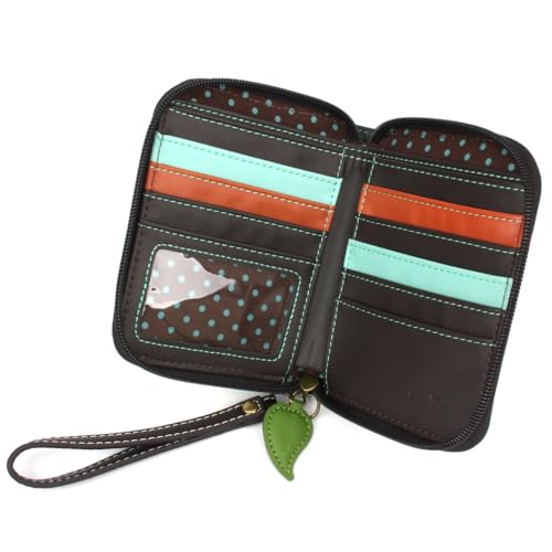Image of CHALA Zip Around Wallet, Wristlet, 8 Credit Card Slots, Sturdy Pu Leather - Lily Frog - green stripe