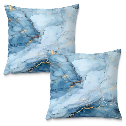 Fuasei Luxury Gradual Blue and Gold Marble Pillow Covers 18x18