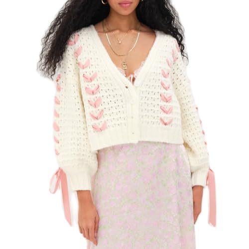 Women's Y2K Crop Cardigan Long Sleeve V-Neck Satin Ribbon