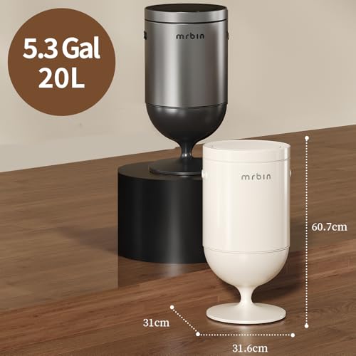 Image of MRBIN Metal Bathroom Motion Sensor Trash Can with Lid, 5.3 Gallon Wine Glass Shaped Automatic Waste Basket Touchless, Smart Round Tall Garbage with High Leg for Office, Bedroom, Kitchen, Cream White