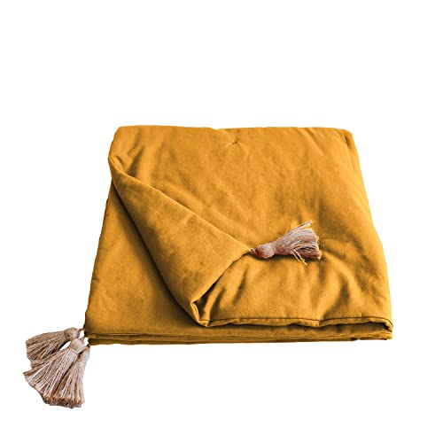 Enjoy Home – Edredon Décoratif - Jaune Moutarde avec 4 Pompons Jute – 90x190cm - 100% Coton – Certifié Oeko-TEX – Collection Panama