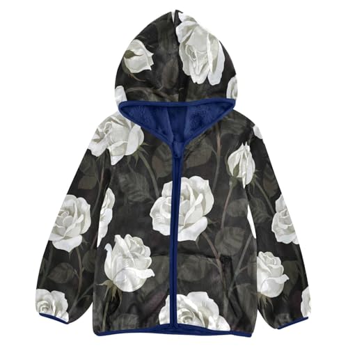 White Roses on Dark Background Toddler Fleece Jacket Girl Boys Hooded Fleece Jacket Coat Warm Outwear Zip-up 3-10T