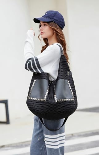 Mesh Bag for Women Punk Rivet Studded Purse Large Retro Shoulder Bags Hobo Tote Handbags Multi Pockets Summer 20254