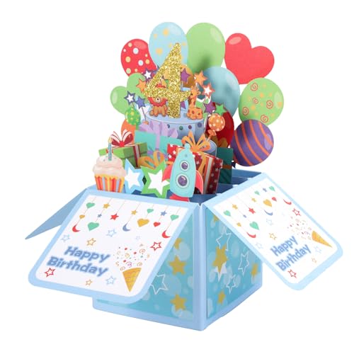 Biglietto di Auguri Pop-Up 3D, Biglietto di Auguri Buon Compleanno Divertente Regalo Pop-up Bambini Scatola Regalo con Palloncini Speciali per Feste per Figlia, Figlio, Nipote (4 Anno)
