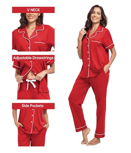 Image of CF Womens 100% Cotton Pajamas Set Button Down Pjs Sets Short Sleeve Top & Long Pants Sleepwear Comfy Loungewear with Pockets