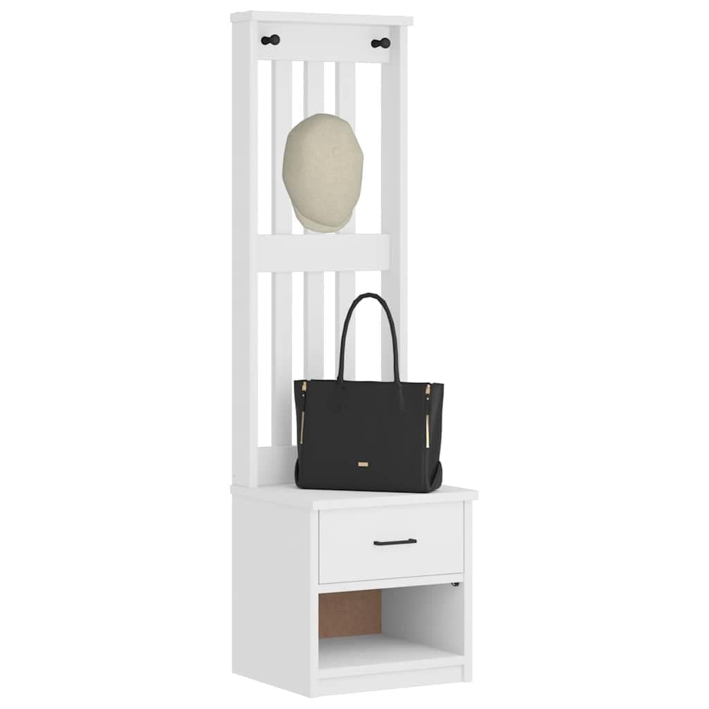 Perchero SANDNES blanco de madera de pino maciza, 45 x 40 x 159,5 cm, con espacio de almacenamiento, banco, cajón y compartimento abierto para pasillo, pasillo y entrada al orden