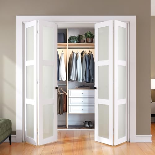SMARTSTANDARD Bifold Door, for 72"x 80" Opening,Tempered Frosted Glass Closet Folding Barn Door with Hardware Kit, Water-Proof PVC Surface,Easy Install,White 71-5/8" x 78"(Fit Opening 72" x