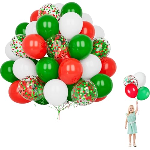 Red Green Christmas Balloons Set, 60Pcs 12Inch Thick Latex Xmas Party Decorations - Dark Green, Matte Red, White, Confetti Helium Balloons for Christmas Festival Birthday