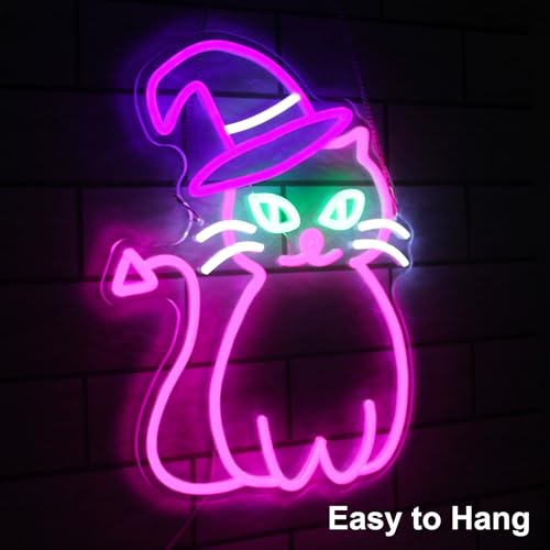 Image of Pink Cat with Witch Hat Neon Sign Halloween LED Light for Room Party Decor | Dimmable Animal Neon Light for Bedroom, Witch Cat Light Up Sign, Acrylic LED Signs for Wall Bar, USB Powered, Halloween Gifts