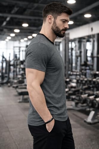 Image of Men's Solid Gym T-Shirt | Slim Fit Gym & Training Tee | Breathable Stretch Fabric | Round Neck Sports Wear for Workout