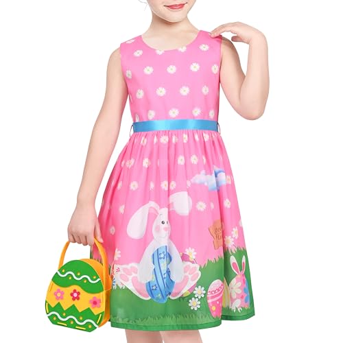 Sunny Fashion Girls Dress 2 Piece Bag Easter Bunny Egg Hunting Blue Casual Party