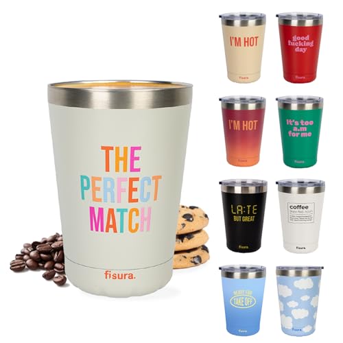 Fisura – Vaso termo original “The perfect match”. Vaso termo para llevar beige. Taza de café 310 ml. Taza térmica acero inoxidable para coche. Libre de BPA.