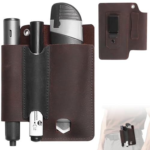Leather Tool Belt Pouches Tool Holster EDC Pouch with Belt Clip, Multitool Sheath Pocket Organizer Includes Metal Clip, Fits Flashlight, Pen