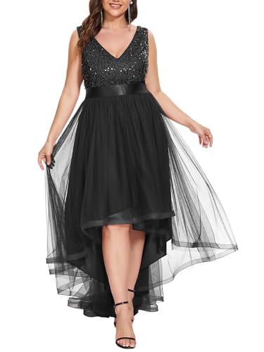 Ever-Pretty Womens Double V Neck A Line High Low Sequin Tulle Plus Size Formal Dresses for Curvy Women 0147A-DA