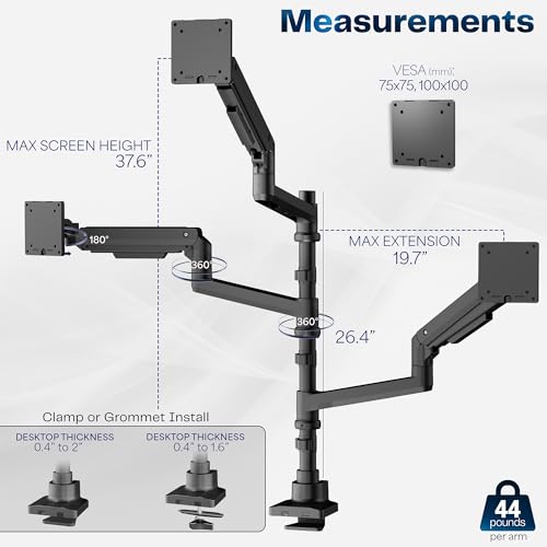 Image of VIVO Pneumatic Arm Triple Ultrawide Monitor Extra Tall Desk Mount for Up to 49 inch Screens, Heavy Duty Clamp, Holds 3 Ultra Wides Up to 44 lbs, Black, STAND-V300D