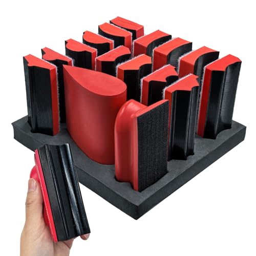 Hand Sanding Block Set of 16 Interchangeable Assorted Contoured Profile Sanding Pad Kit Hook and Loop Abrasive Sanding Chassis for Sand Wood Furniture Auto Paint and Crafts Red