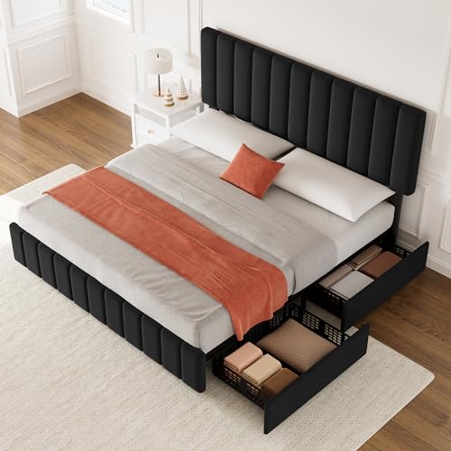 IDEALHOUSE King Upholstered Bed Frame with 4 Storage...