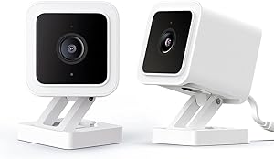 WyzeCamera v3 1080p HD Indoor/Outdoor Plug-in Smart Home Security Cameras, Color Night Vision, 2-Way Audio, MicroSD Card Slot, Compatible with Alexa - White, 2-Pack asin的图片