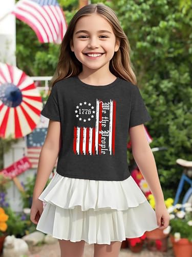 Image of VVNTY Girls American Flag Crop Tops Kids USA Crop Shirt Patriotic 4th of July Tops 5-14 Years