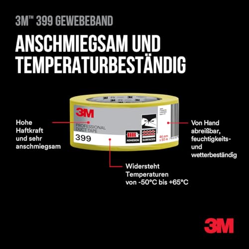 3M Pro 399 Betongewebeband Gelb – 1 Rolle, 44 mm x 50 m, Wasserfest, 2 Wochen UV-Stabil – Ideal für Beton, Stein und Mauerwerk