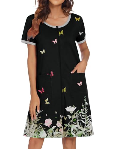 Image of Ekouaer Women Zipper Front House Coat Short Sleeves Robe Zip Up Bathrobes Short Nightgown with Pockets S-3XL