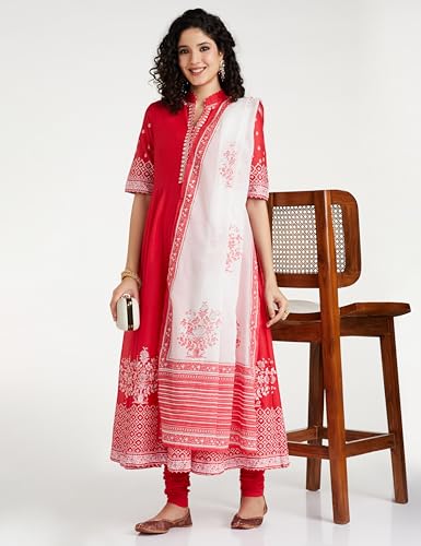 Image of BIBA Women Cotton Anarkali Printed Kurta Churidar Suit Set