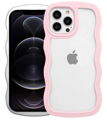 Image of GoldKart iPhone 12 Pro Max Case Wavy Edge Clear Back Design, Anti-Slip Grip Cute Wave Curly Frame Shape Shockproof Soft TPU & Hard PC Bumper Protective Phone Case Cover for Women Girls - Pink