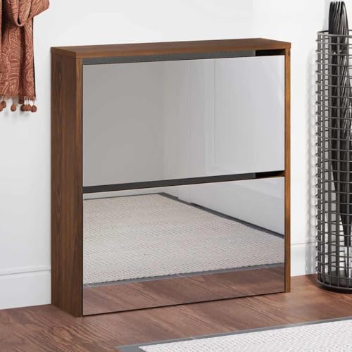 GeenYuu Zapatero con espejo marrón efecto roble 63 x 17 x 67 cm de material de madera con 2 compartimentos basculantes para pasillo, pasillo, entrada, espacio de almacenamiento para 6-8 pares de