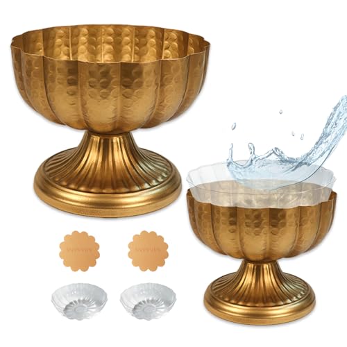 Image of Distressed Gold Pedestal Vases for Centerpieces Wide Vintage Metal Compote Bowl with Waterproof Liner, Reusable Wedding & Home Decor Flower Vases, Rustic Table Centerpiece Bowl Set (Retro Brass 2)