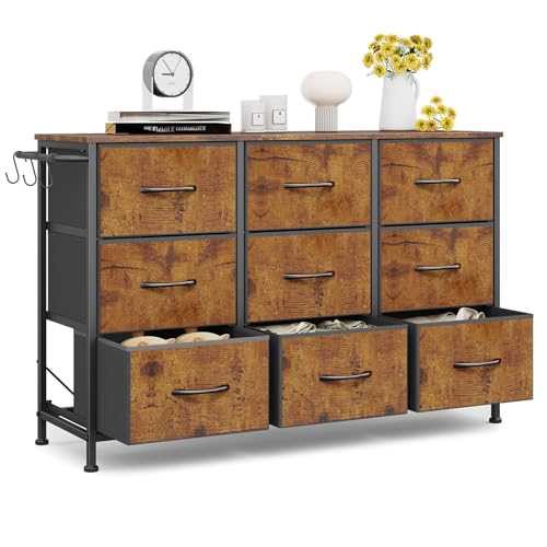 Cómoda, Cajonera, con 9 Cajones de Tela, con Tiradores, Marco de Metal Estilo Industrial, con Parte Superior de Mader, fácil de Montar, para Dormitorio, Sala de Estar, habitación de los niños, Armario