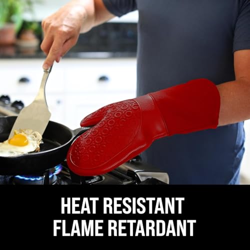 Image of BPA-Free Silicone Oven Mitts Ultra Heat Resistant up to 500F - Oven Mitts with Thick Cotton Liner - Long Slip Resistant Pot Holders, Flexible Oven Gloves - Empire Red 13.7