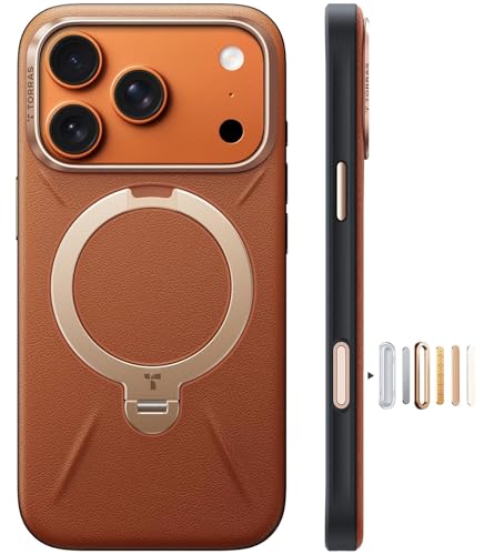 Image of TORRAS Q3 VegSkin Original Imported for iPhone 17 Pro Case, 360 Spin Stand, MagSafe Compatible, Mil-Grade Drop Tested, Camera Control, Premium Organic Silicone Leather for 17 Pro Cover, Saddle Brown