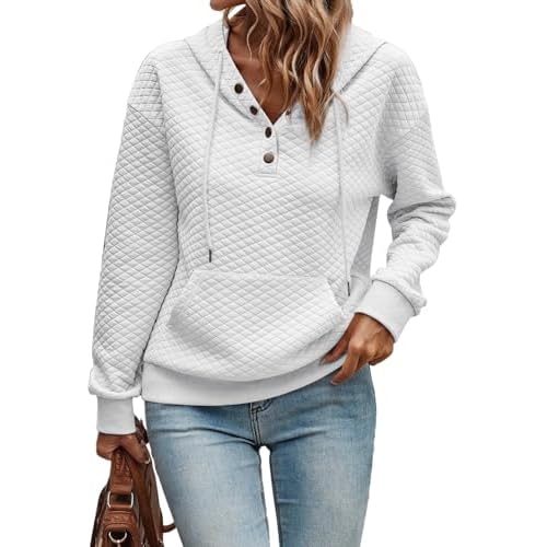 SHEWIN Women’s Hoodies Casual Long Sleeve Quilted Half Button Drawstring Hooded Sweatshirt