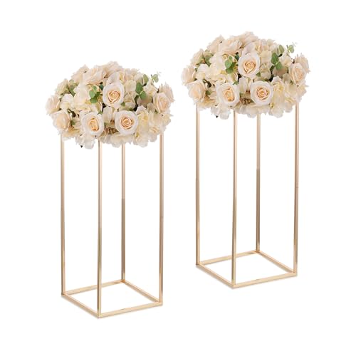 Inweder Gold Blumenständer Hochzeits Mittelstücke - 2 Stück Säulenvasen mit Metall Platte 60cm Hohe Bodenvase Geometrischer Goldvasen für Tischdeko Hochzeit Party Deko Wohnzimmer