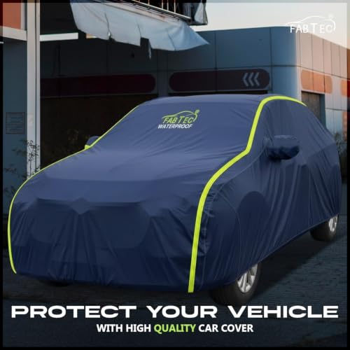 Image of FABTEC Waterproof Car Body Cover for Kia Seltos Outdoor /Indoor All Weather Protection with Mirror Pocket Triple Stitched (Premium Navy Blue with Neon Piping)