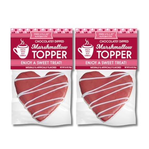 Melville Chocolatey Dipped Marshmallow Toppers - Pack Of 2 - Red & White Heart Shaped Marshmallows For Hot Cocoa