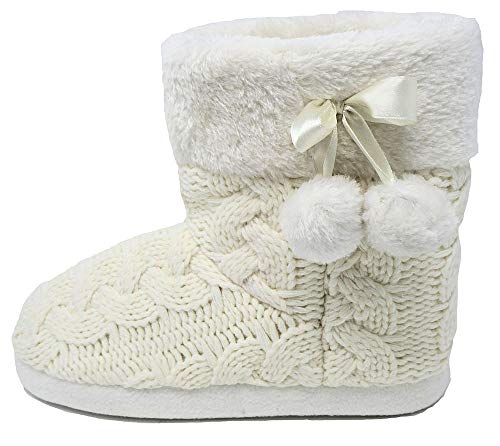 DUNLOP LS140BE-M Womens Cable Knit Warm Lined Bootee Slippers with Pom Poms, Ivory. size M (5/6) UK