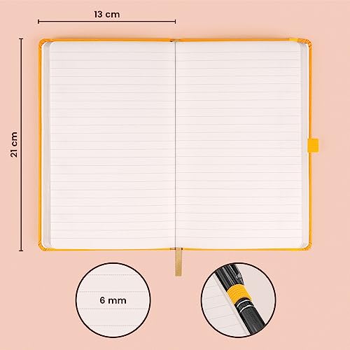 NOTIQUE Notizbuch Liniert, Hardcover Notizbuch, Notizheft, Journal, Tagebuch mit Gummiband und Stifthalter 13x21cm, 192 Seiten (Gelb, Liniert)