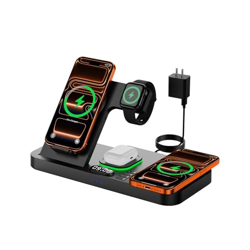 Image of Dual Phone Magnetic Wireless Charging Station for Apple Devices, 7-Color Auto Light & 12H Clock, Multi-Device Charger for iPhone 17 /16 /15, for iWatch 11 /10 /9 & AirPods Pro3(Obsidian