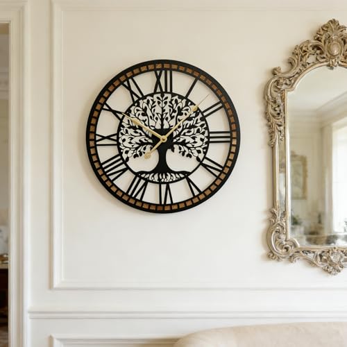 BAKENLON Orologio da parete con albero della vita, 40 cm, orologio da parete moderno, orologio decorativo creativo artistico, funzionamento a batteria, silenzioso senza ticchettio, in metallo e legno