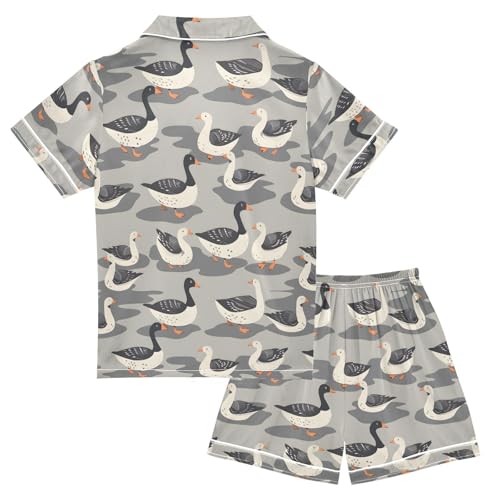 ALAZA Gray Funny Geese Satin Pajamas Set Short Sleeve Button Down Sleepwear Summer Pjs 2 Piece2