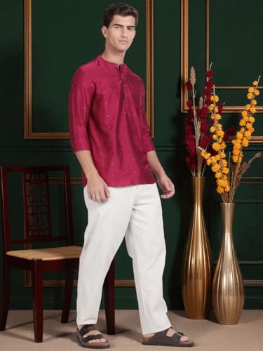 Image of KRYPTIC Men's Full Sleeve Regular Fit Short Kurta in Premium Pure Cotton with Patch Pocket and Mandarin Collar - Perfect Blend of Style and Comfort